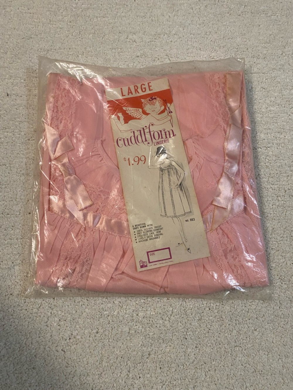 Cuddl'form Pink Satin Nylon Lingerie Nightgown - Large